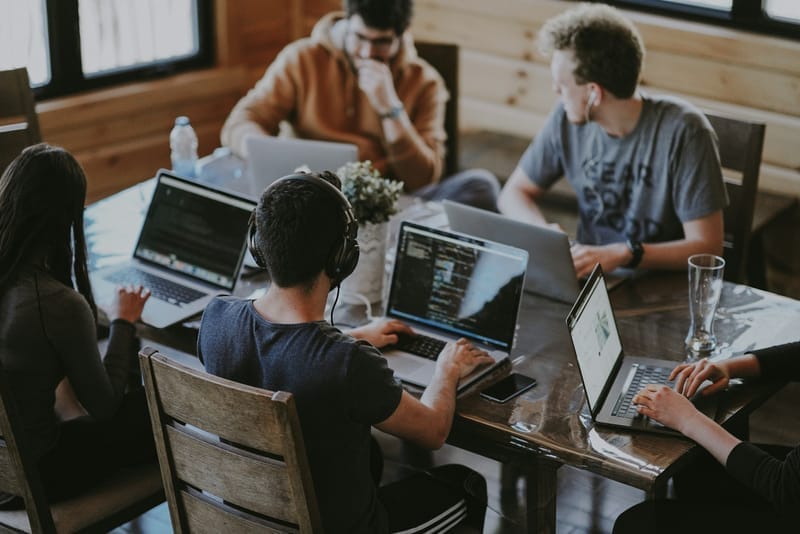 Business professionals in modern building